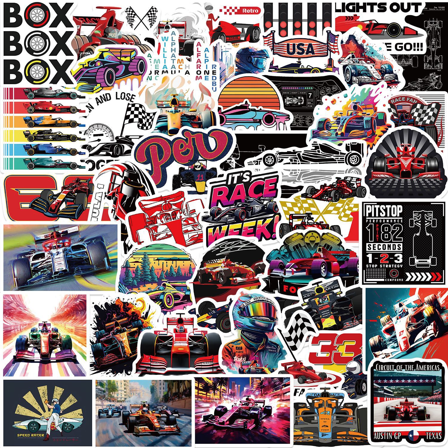 50PCS F1 Formula One Racing Stickers Funny Cartoon Graffiti Decals Laptop Luggage Skateboard Motorcycle Bicycle Helmet Sticker