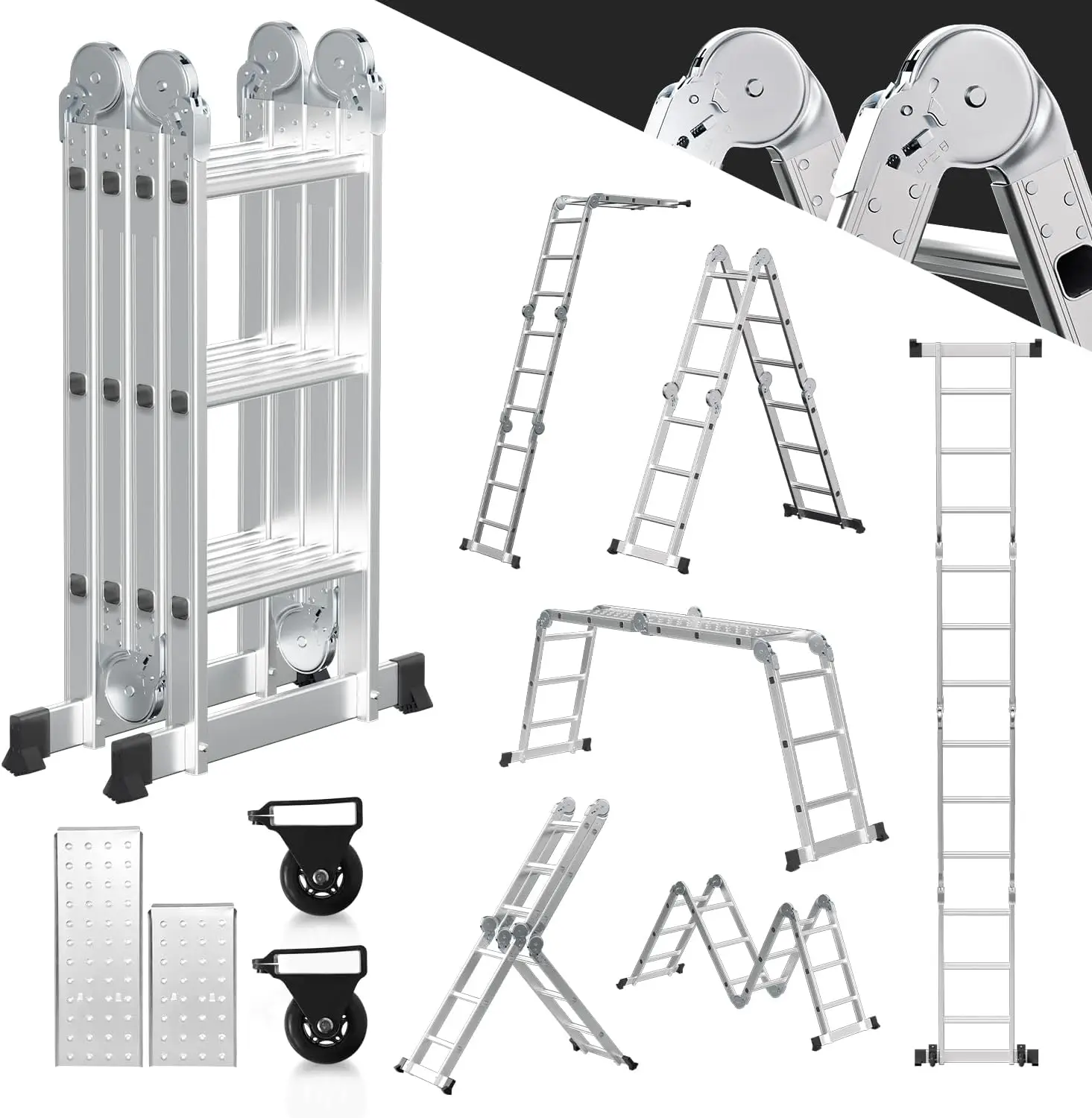 Escalera multiusos de aluminio de 3,6 m, 4 x 3 peldaños, escalera multifunción con plataforma, escalera de aluminio con 2 placas