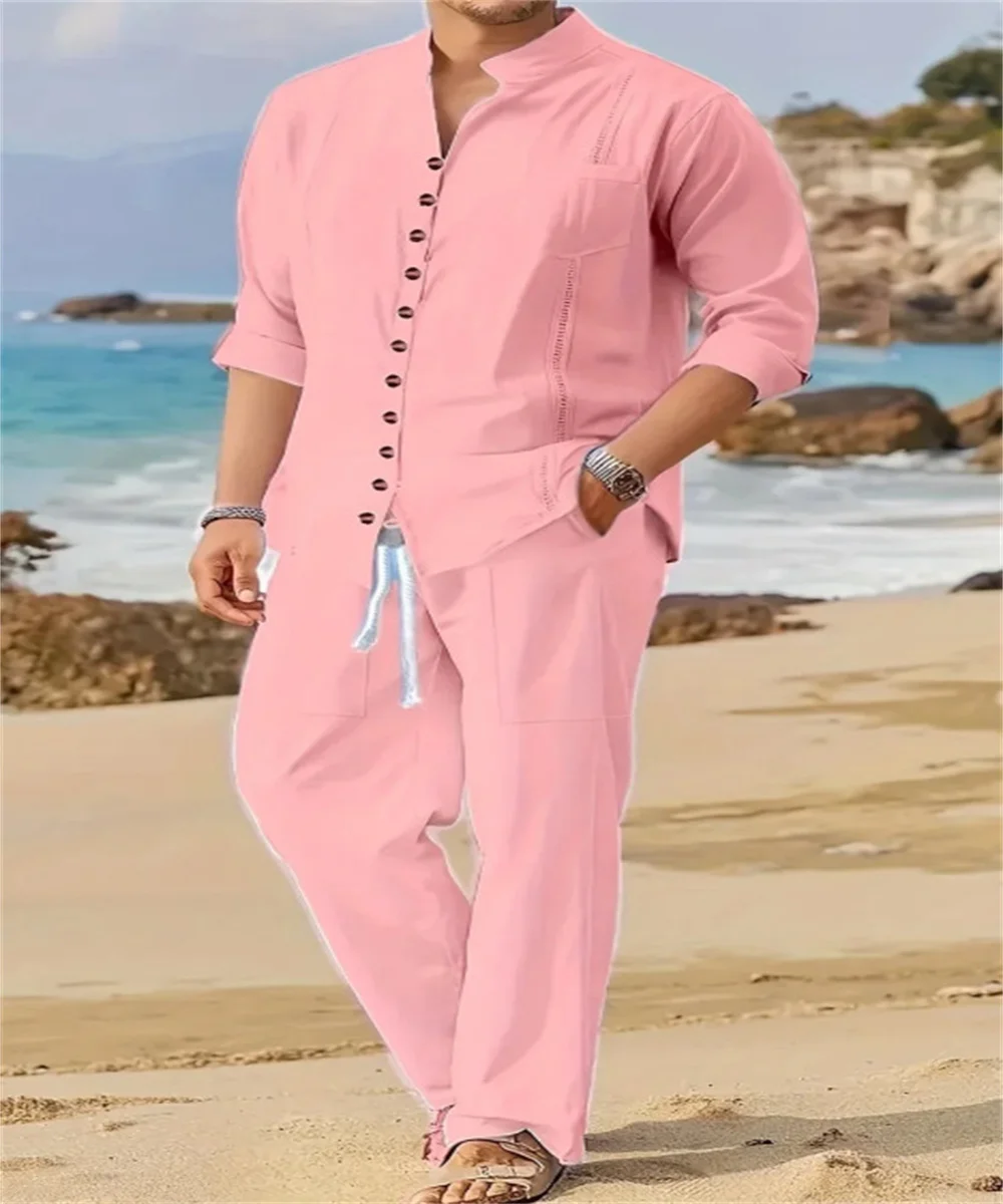 2025, Frühling und Herbst, kubanischer Stil, modisches Herrenhemd, Trend, lässig, mit mehreren Knöpfen, Stehkragen, lockere Langarm-Hosen, Strandanzug
