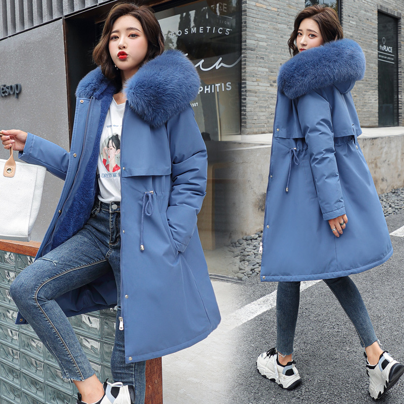 Casaco de lã acolchoado longo com capuz feminino, casaco de gola de pele, neve, roupas quentes, parka de inverno, 6XL, novo, 2022