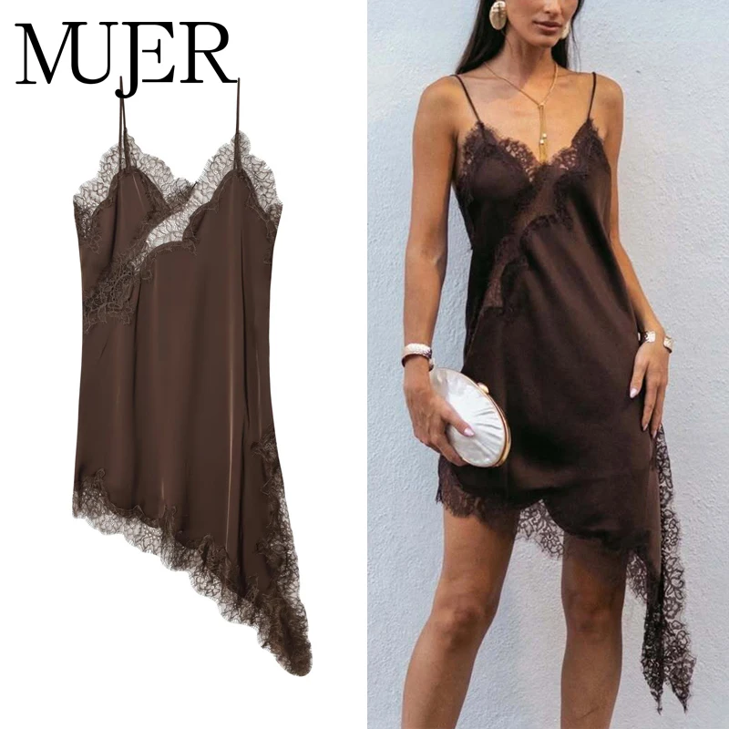 MUJER Mini vestido de encaje para mujer, vestido de verano de satén con espalda descubierta, vestido asimétrico de fiesta para mujer, vestidos sexis de playa para mujer