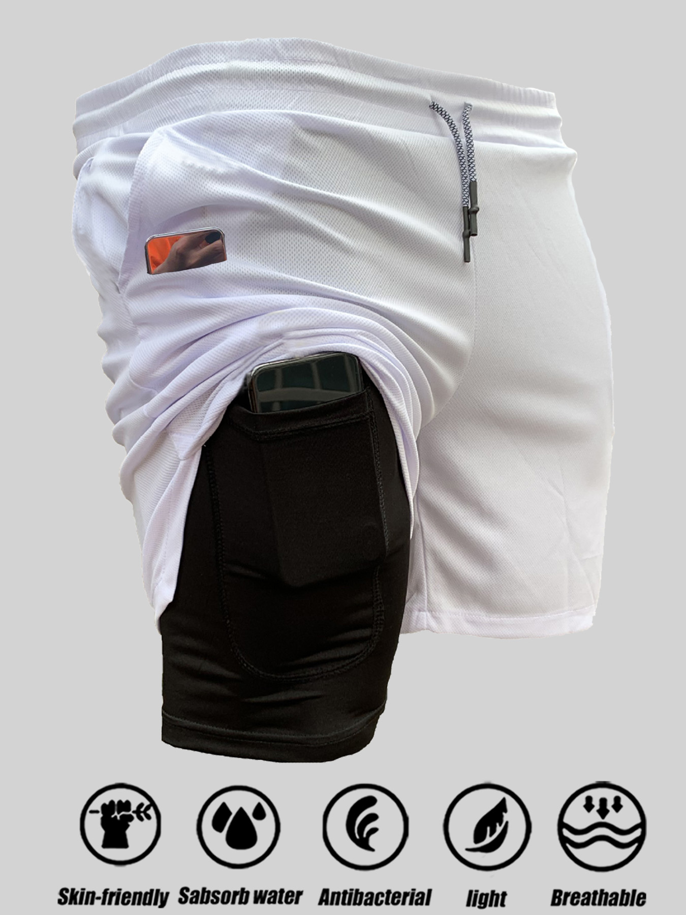 Sportshorts voor heren, dubbellaags, 2-in-1, sneldrogend, ademend, casual shorts, zomertraining, hardloopsportkleding, korte broek