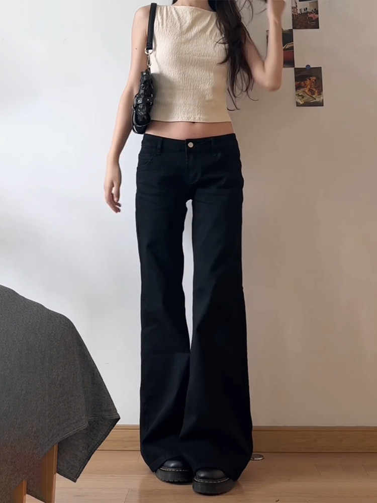 女性の低層フレアデニムパンツ、ベルボトムパンツ、kpop grungeスタイリッシュ、日本原宿、ブラックy2kジーンズ、2000s kpop