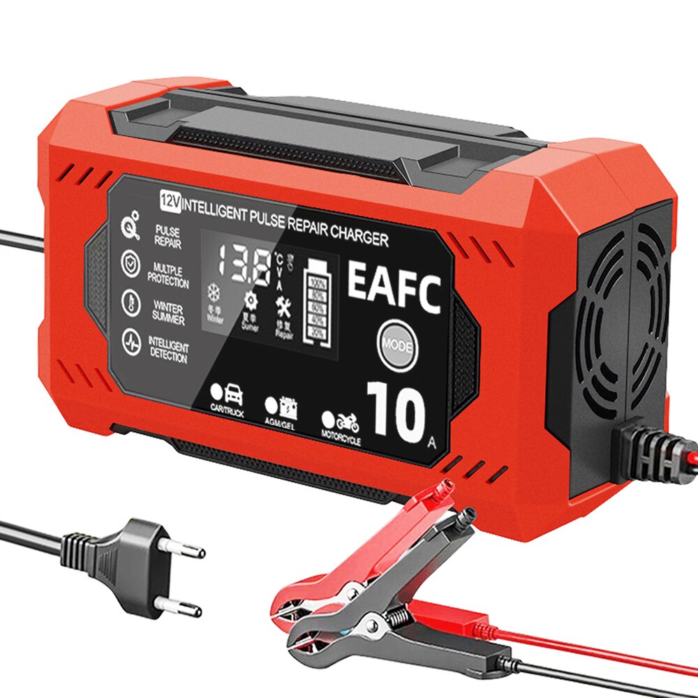 Cargador de batería inteligente para coche y motocicleta, dispositivo de carga rápida de 12V, 8A, 10A, pantalla táctil, reparación de pulso, pantalla LCD Digital