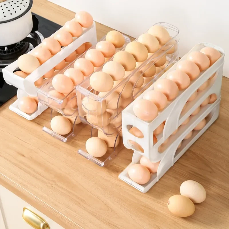 Rodillo automático para huevos de gran capacidad, refrigerador de cuatro niveles para el hogar, caja de almacenamiento de huevos, ahorro de espacio, cocina dedicada