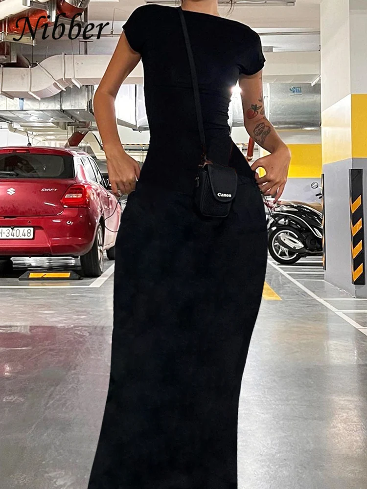 Nibberเซ็กซี่Backless Maxiชุดผู้หญิงElegant Elastic Slimแขนสั้นชุดยาวหญิงBodycon Streetwearเสื้อผ้า
