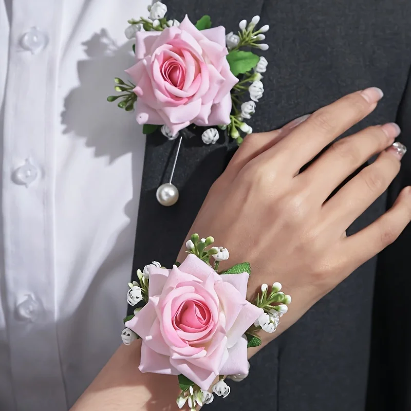 [2pcs Elegant Rose Corsage Set] 2pcs Elegant Rose Corsage and Wrist Flower Set in Polyester Fiber for School Events, Parties