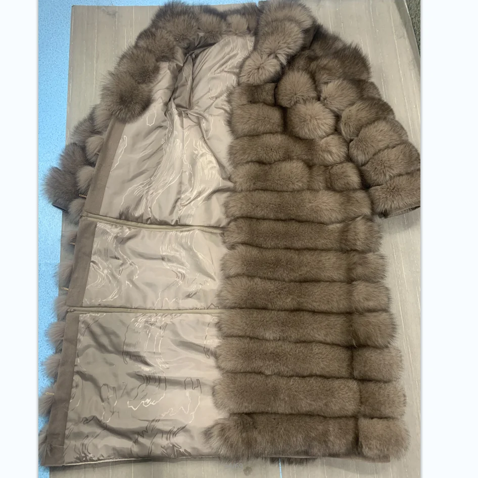 Abnehmbarer Pelzmantel aus echtem Fuchs, langer Pelzmantel, großes Revers, abnehmbare Ärmel, 3 in 1, warm im Winter