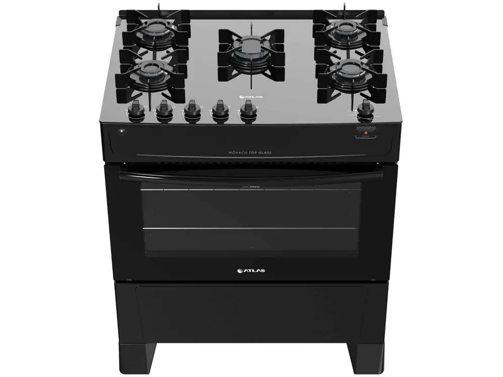 Fogão 5 Bocas Atlas Preto Mesa de Vidro Mônaco Top Glass - Bivolt