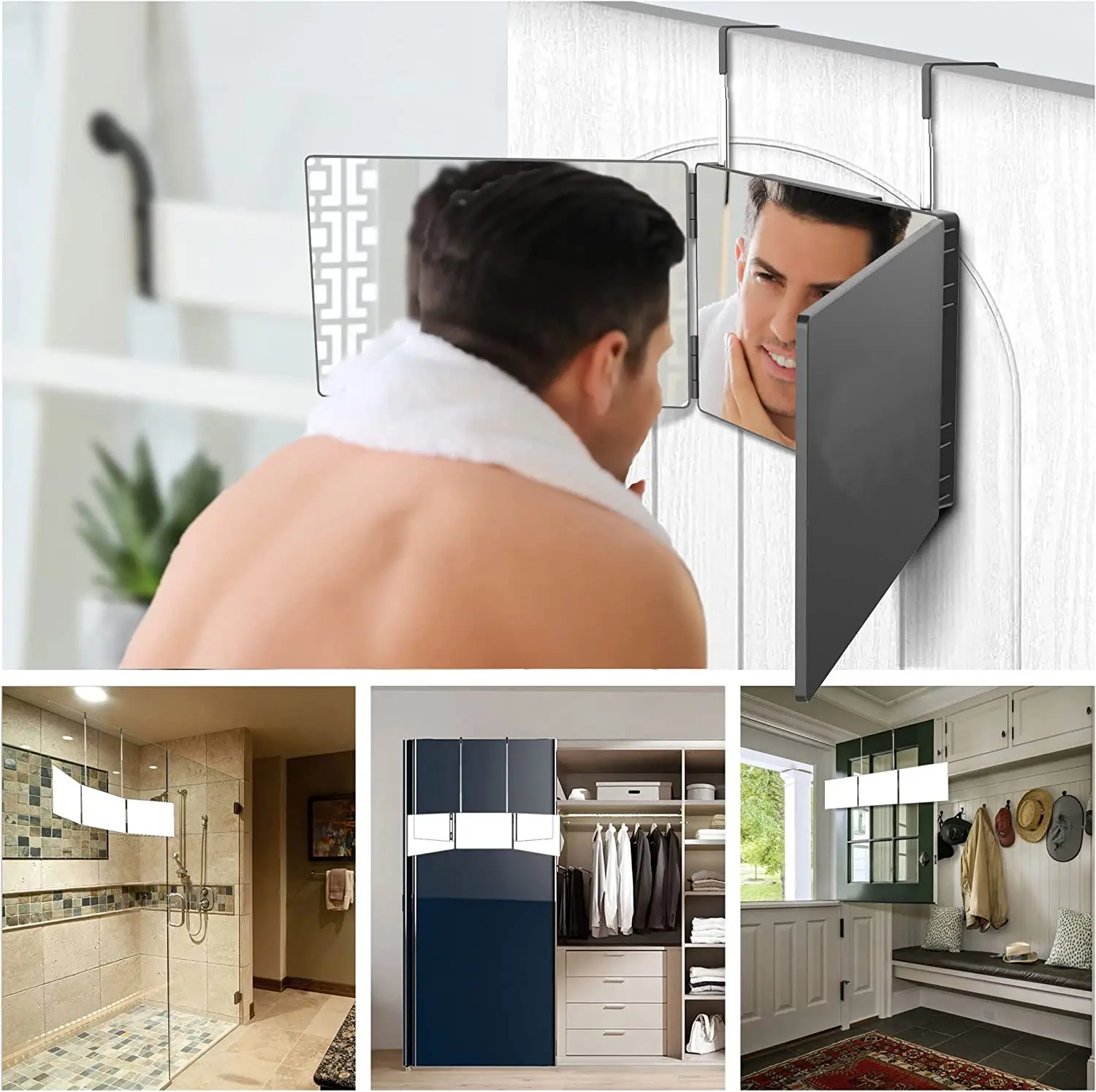 S Espejo de maquillaje de tocador triple portátil de viaje 360 con gancho telescópico de altura ajustable para cabello espejo Fordable de corte automático