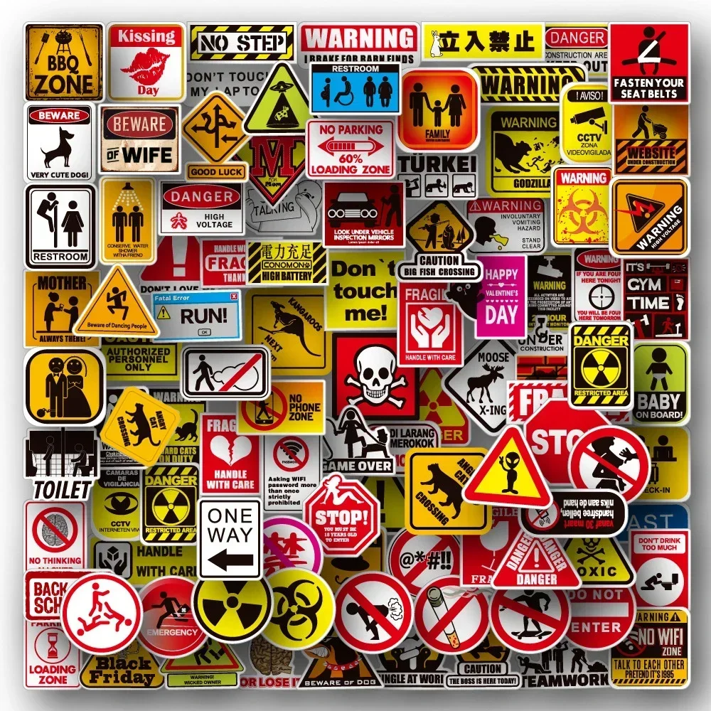 50/100 pezzi adesivi di avvertimento cartoni animati divieto di pericolo skateboard chitarra laptop moto auto giocattolo classico adesivo decalcomanie fresche