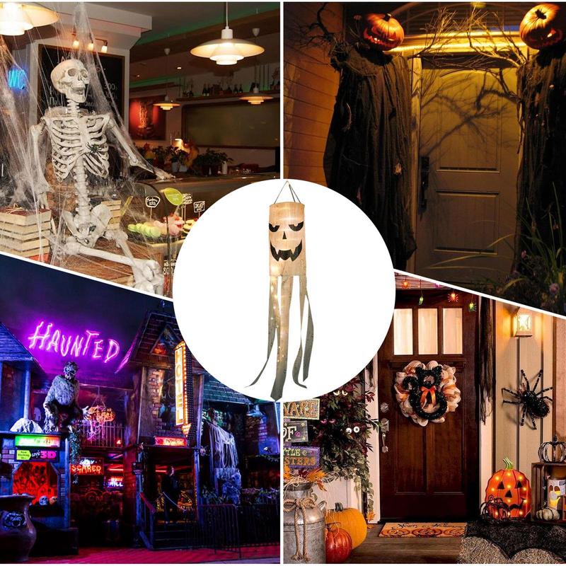 Halloween Windsocks bendera seram lampu LED perlengkapan pesta luar ruangan hantu lampu LED dengan 3 mode pencahayaan dekorasi Halloween