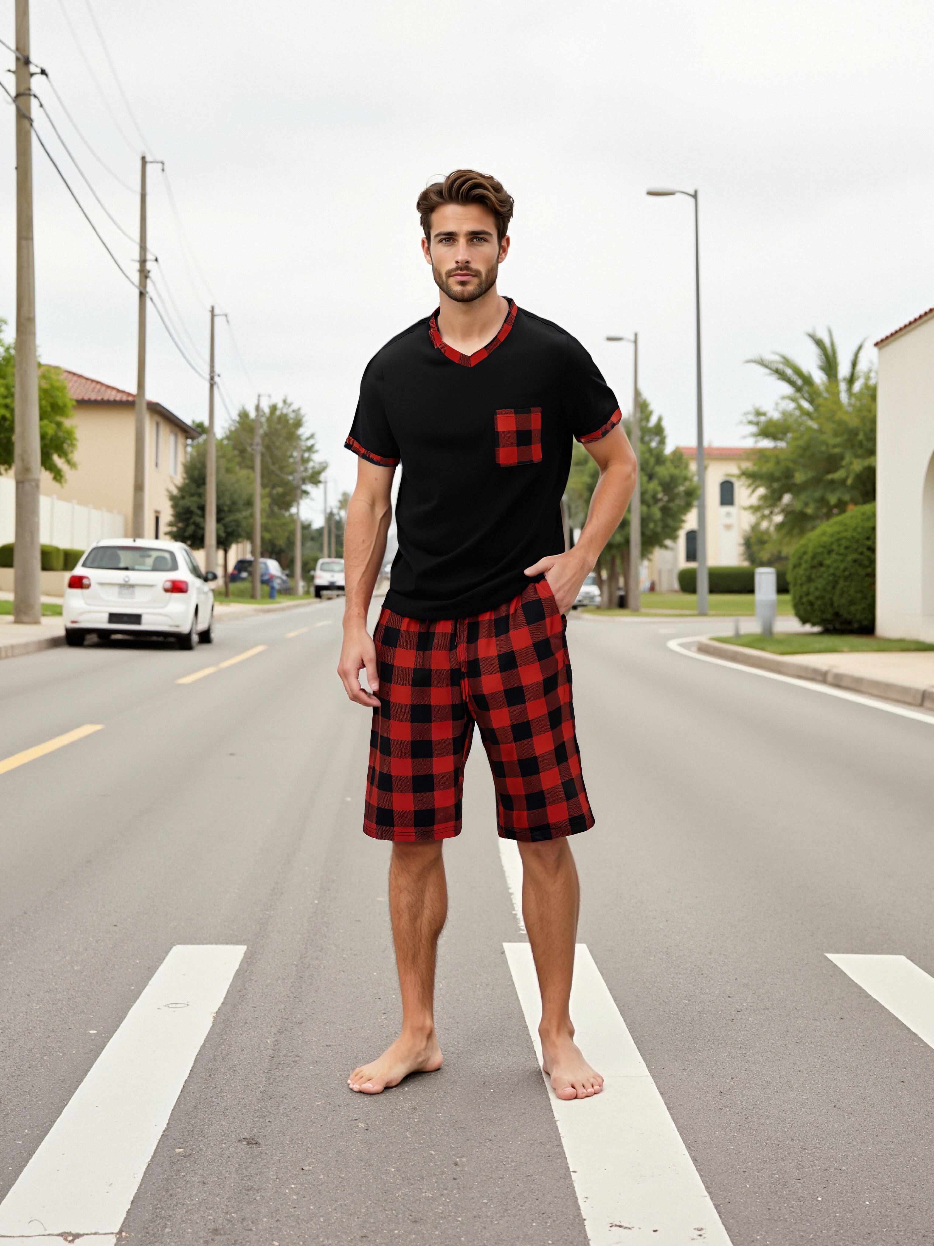 Conjuntos de pijama masculino manga curta xadrez pijamas para homem conjunto de pijama macio lounge pijamas calças pj com bolsos shorts com cordão camisas