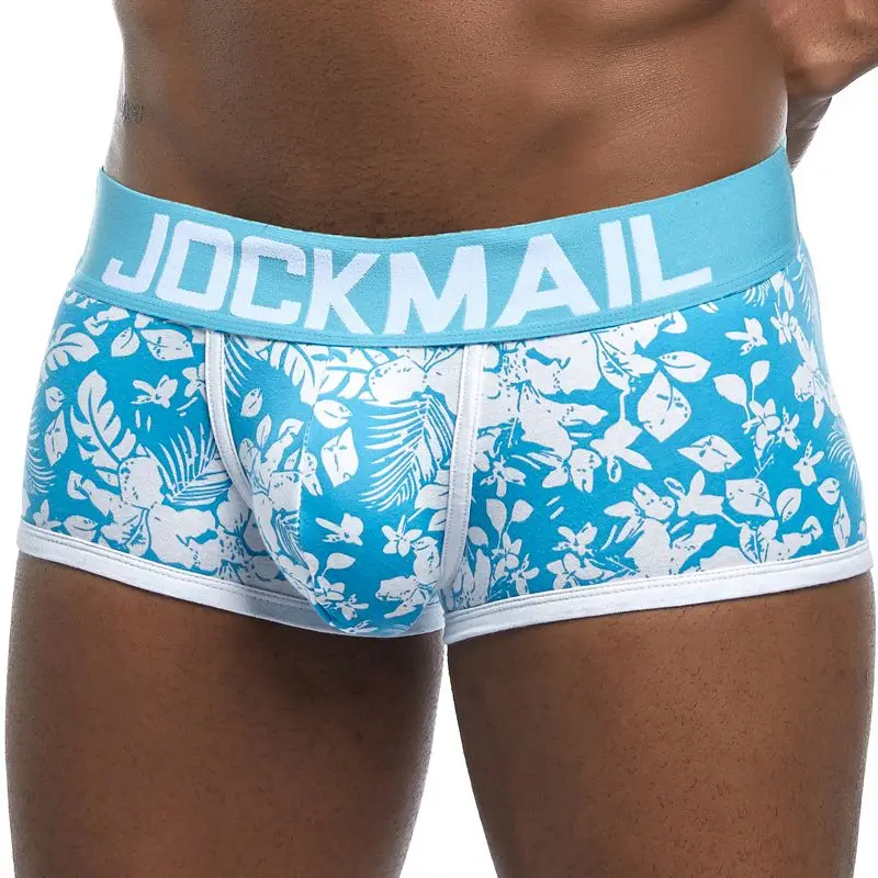 JOCKMAIL แบรนด์กางเกงชาย Breathable นักมวยผ้าฝ้ายผู้ชายชุดชั้นใน U กระเป๋านูนเซ็กซี่กางเกงพิมพ์ใบ Homewear กางเกงขาสั้น