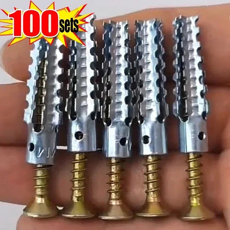 100/10 juegos de tubos de expansión dentados de Metal, tornillos autorroscantes, tapón de perforación de tuberías para anclajes de pared de hormigón, kits de pernos de sujetadores