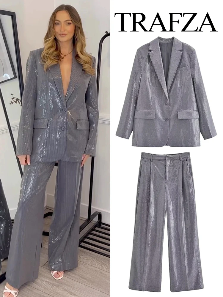 TRAFZA-traje de 2 piezas para mujer, bléiser de una sola botonadura con lentejuelas y bolsillos laterales y cremallera de cintura alta, manga larga