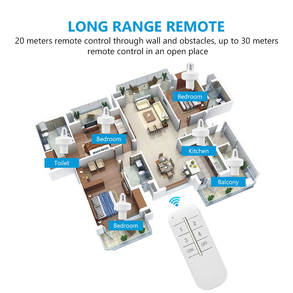 Wireless Remote Control E27 Light Socket Lamp Holder 20M Range For LED Bulbs Lamp Socket Wireless Light Switch Kit AC180-250V