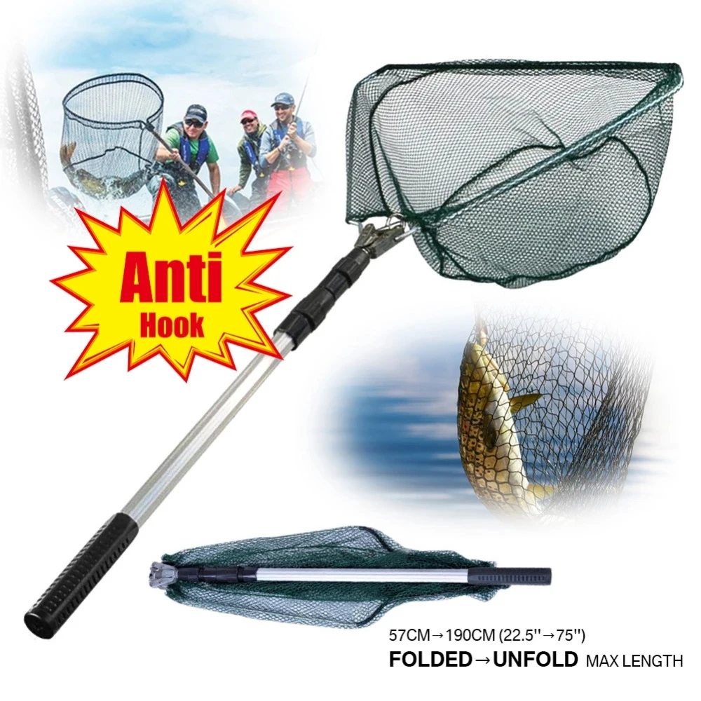 Red de aterrizaje telescópica de 190cm, 92cm y 55cm, caña de pescar plegable, pista de carpa con mosca extensible, red de pesca de malla marina para pesca con mosca