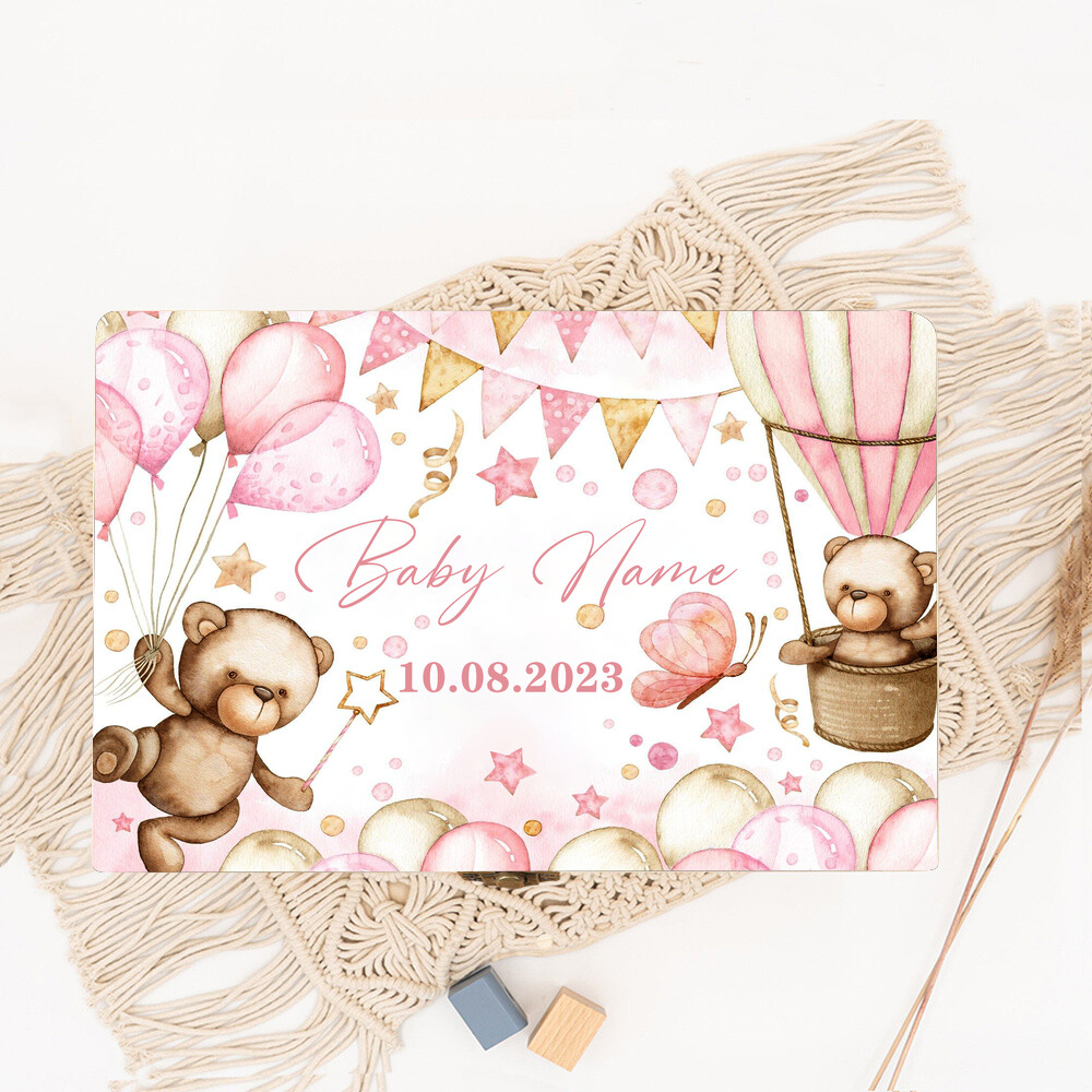 Caixa de memória personalizada para bebês, caixa de madeira com animais da floresta, presente para recém-nascidos, estatísticas de nascimento infantil, caixa de armazenamento para bebês