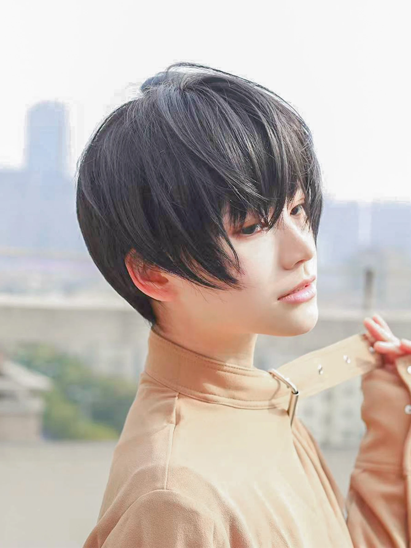 男性と女性のための合成かつら,短いストレートヘア,耐熱性,和風,美しい,毎日のかつら,10インチ