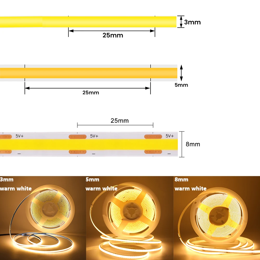3 ミリメートル 5 ミリメートル 8 ミリメートル PCB COB LED ストリップ 5V ライトバッテリー電源 320LEDs/M 赤、緑、青、ピンクフレックス粘着テープ家の装飾 0.5 メートル 1 メートル 2 メートル 3 メートル