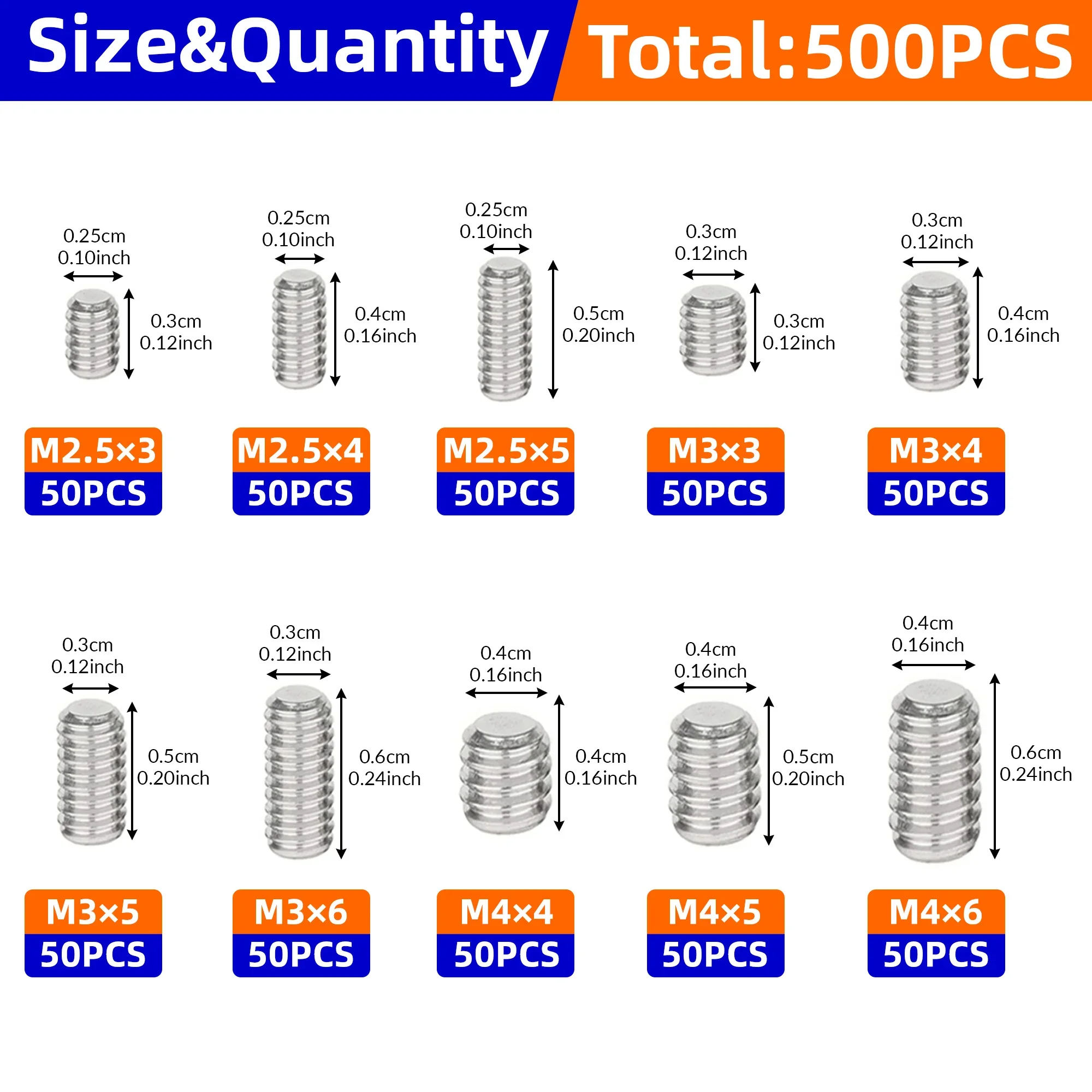 500 stks M2.5 M3 M4 DIN913 304 Rvs Zwart Hex Hexagon Socket Allen Platte Punt Grub Bolt Set Schroef Kit doos