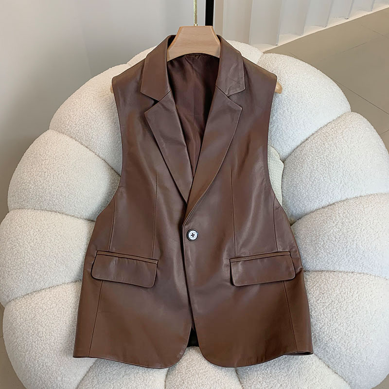 Veste en cuir de fibre de mouton véritable pour femme, col trempé, un bouton, gilet polyvalent, mi-long, mode, Y