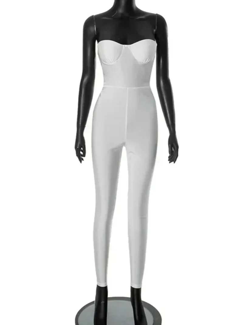 เซ็กซี่ชุดบอดี้สูทผู้หญิงแขนกุดเอวสูงสีขาวJumpsuit Lady Backless Tunics One Piece Overalls Night Club Streetwear