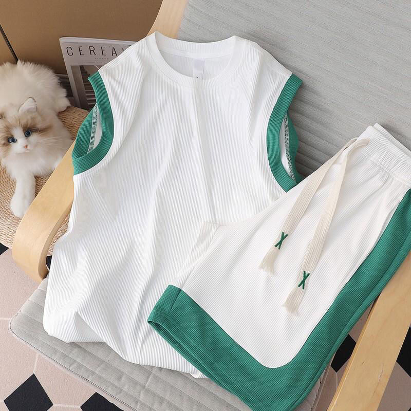 Traje de 2 uds., chaleco sin mangas de verano, conjunto de pantalones cortos deportivos, ropa deportiva informal de retales para baloncesto, conjunto de pantalones cortos de entrenamiento sueltos transpirables