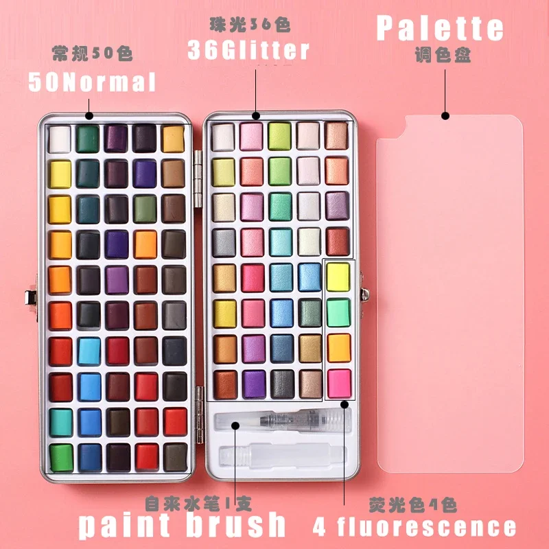 Juego de pintura de acuarela sólida de 50/90 colores, caja de Metal portátil con purpurina, pigmento de acuarela, cepillo de pelo de ardilla, arte de uñas