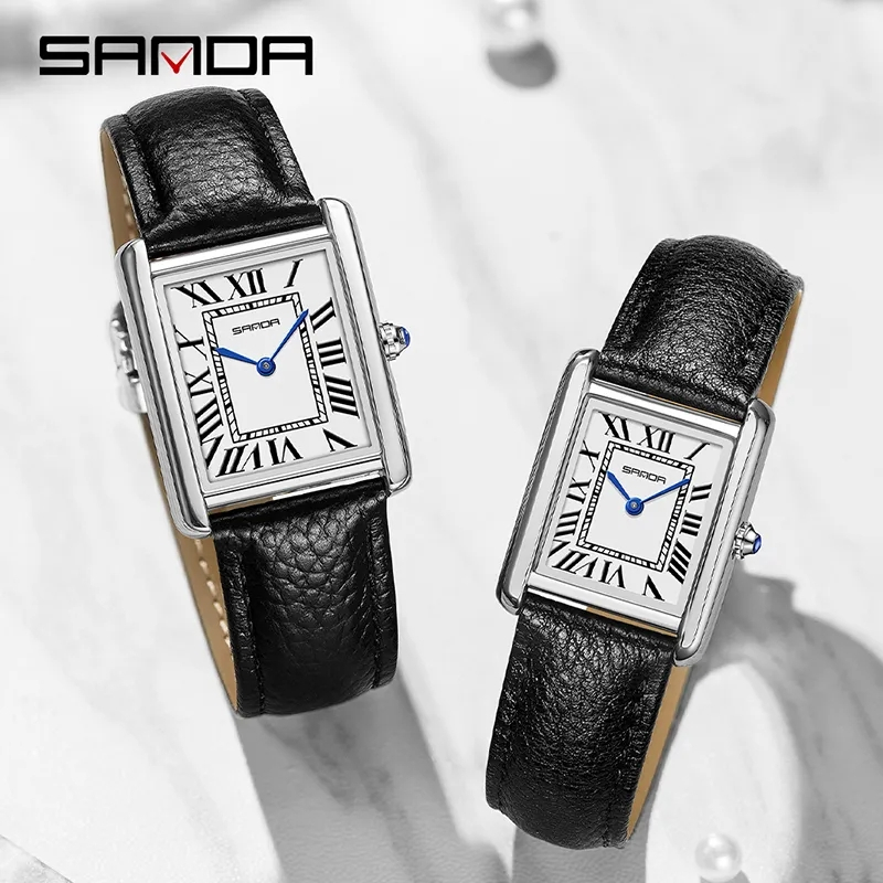 Sanda-relógios de pulso masculinos e femininos, marca de luxo, impermeável, quartzo, com pulseira de couro, quadrado, novo, 1108, 9031