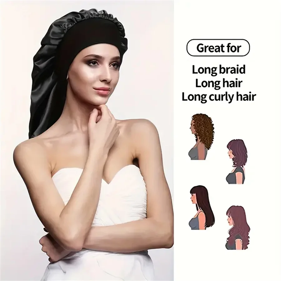 Novo feminino longo cetim gorro de dormir boné de dormir sedoso com faixa elástica larga cuidados com o cabelo turbante tranças cabelo encaracolado cabelo natural