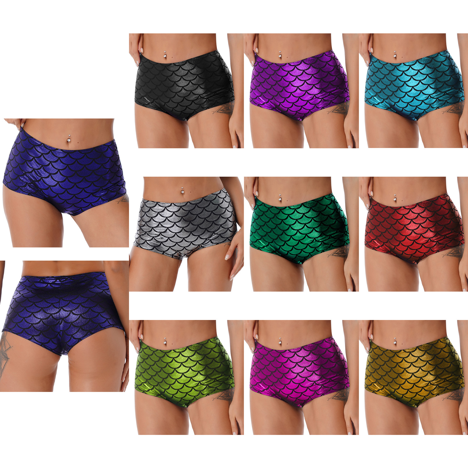 Pantalones cortos de cintura alta con patrón de escamas de pescado brillante para mujer, traje de baño para fiesta Rave, Pole Dancing, Cosplay de sirena, ropa de Club