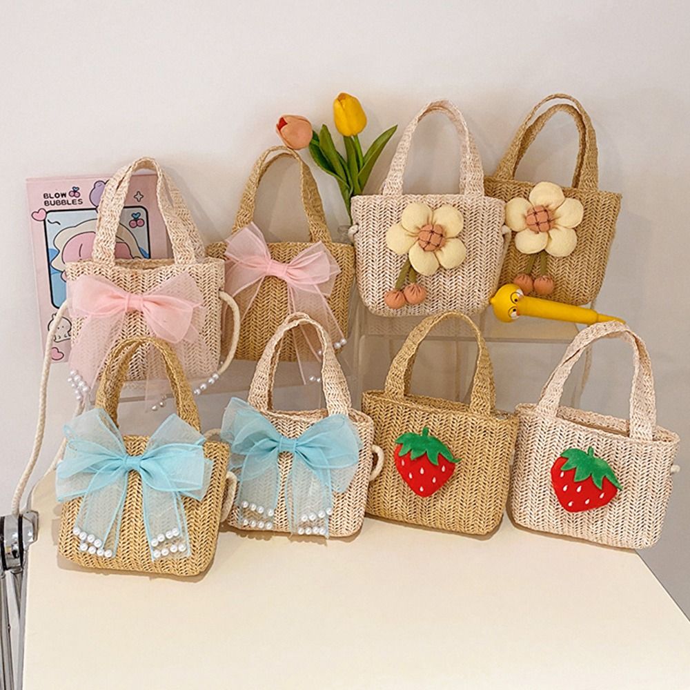 Handgemachte gewebte Mädchen Strohs ack Sommer Reiß verschluss Mesh Bogen Cross body Handtasche Münz geldbörse Foto Requisiten Kind Strand taschen