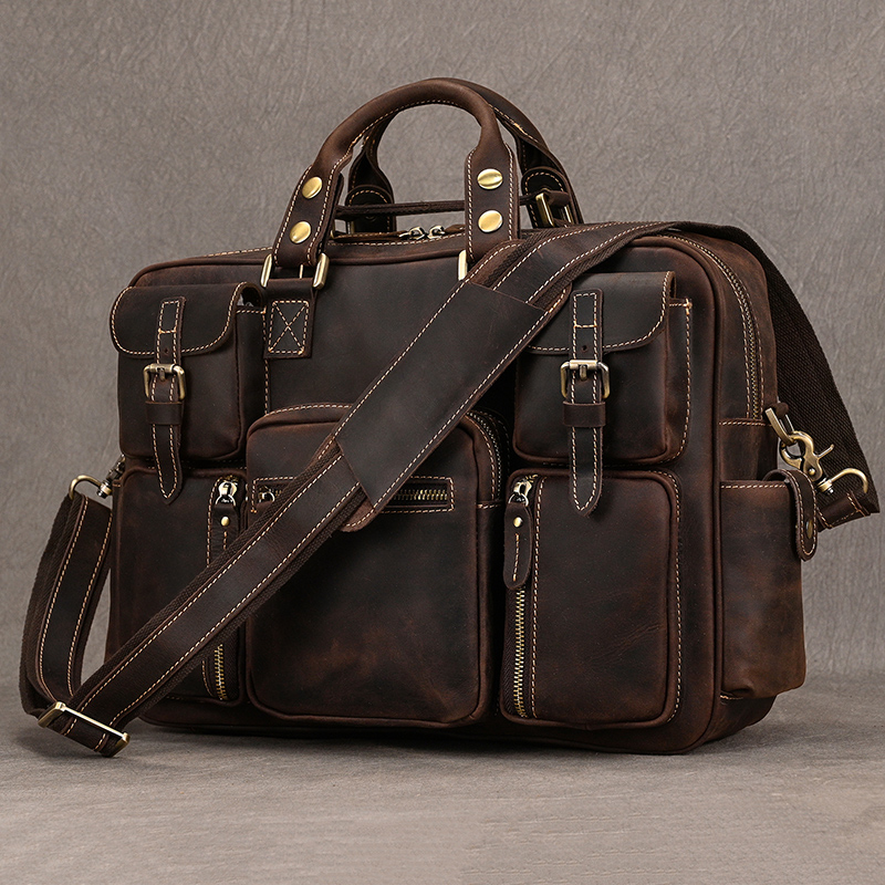 Maletín Luufan Vintage de cuero Crazy Horse para hombre, bolso de negocios de 15,6 ", bolso bandolera para ordenador portátil de cuero de vaca, bolso de trabajo con archivos grandes