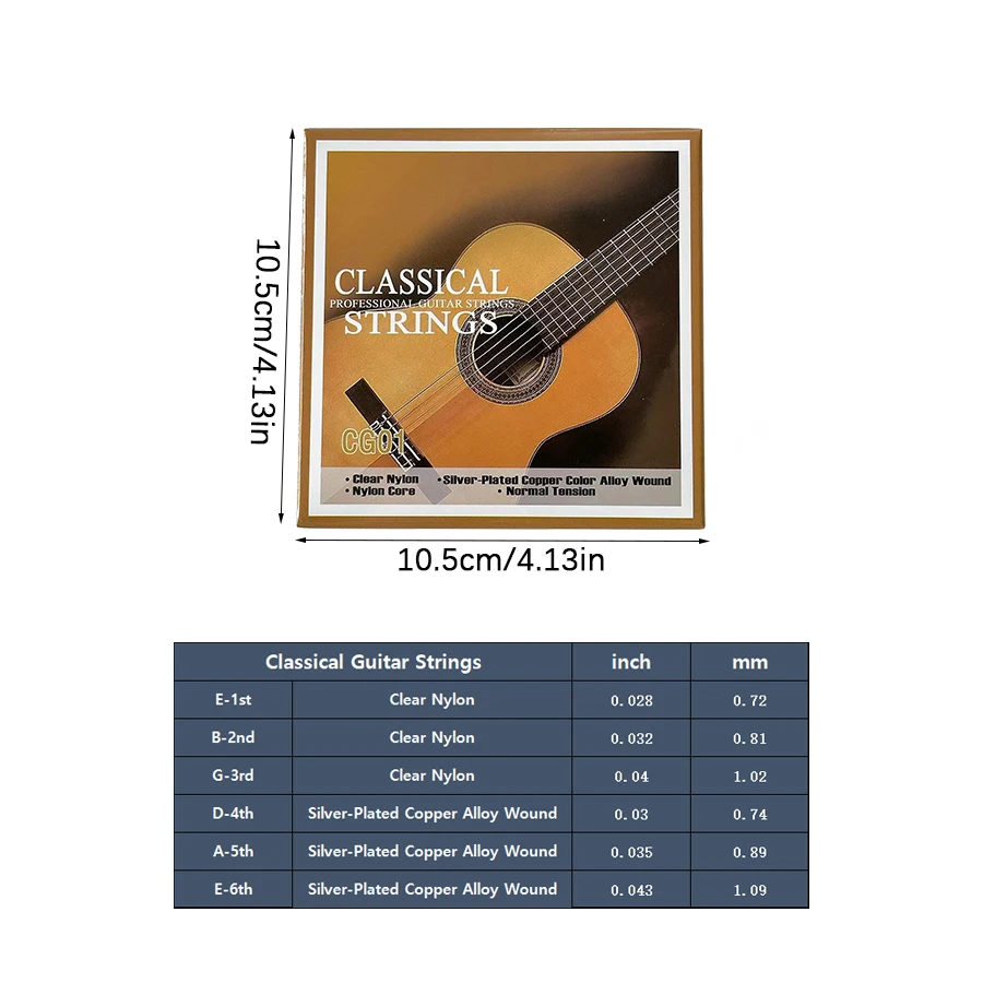 Classical Guitar Strings - Nylon Core Basses - Silver-Plated Copper Alloy Wound - Normal Tension / 6-string set  (028-043)
