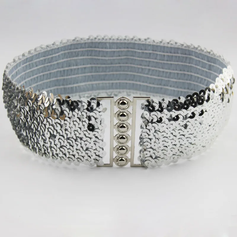 ทองเงินสีเข็มขัด Cool Punk Sparkling Sequins ยืดเข็มขัดกว้างผู้หญิงชุดเข็มขัดเอวเครื่องประดับอุปกรณ์เสริม