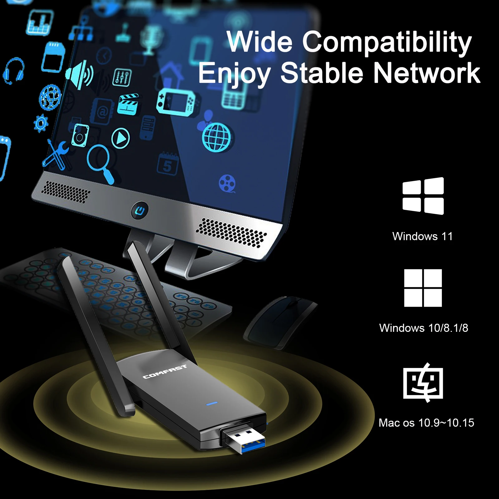 COMFAST 1300 Мбит/с USB Wi-Fi адаптер 2,4G/5,8 ГГц сетевая карта USB3.0/2.0 WIFI Dongle приемник для ПК Win10/11