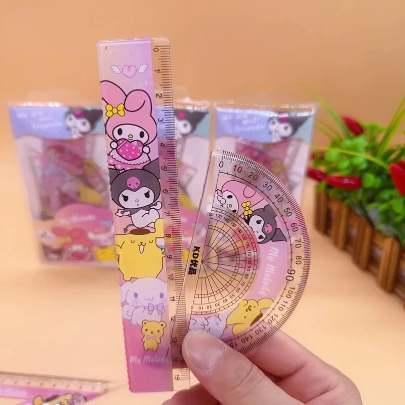Cartoon  Student Ruler 4 Piece Set Kawaii My Melody Kuromi Triangular Plate Protractor Measuring Ruler Stationery Set Gift