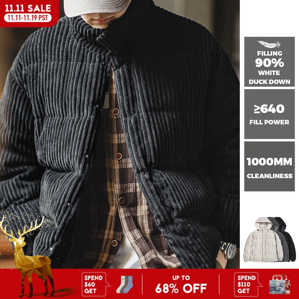 Maden Herren Cord-Daunenjacke, Winter, verdickt, warm, gestreift, Kapuzenmantel, Vintage-gepolsterte Jacken, abnehmbare Kapuze, schwarze Kleidung