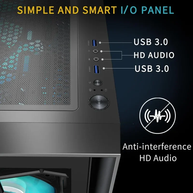 Capa para PC para jogos Mid Tower, 6 ventiladores PWM ARGB pré-instalados, porta de vidro temperado com abertura, USB 3.0 x 2, caixa de computador