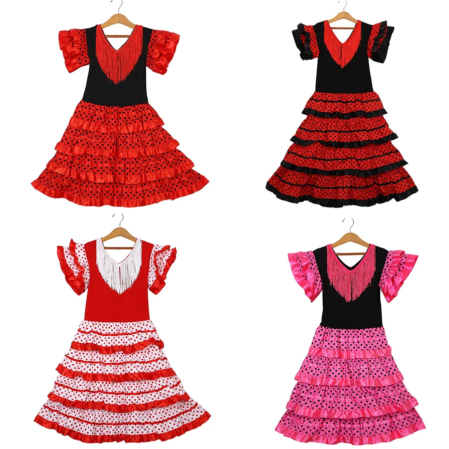 Vestido de baile tradicional español para niñas, vestido de lunares con borlas para Festival, falda clásica de estilo gitano Flamengo de cuatro colores para niños