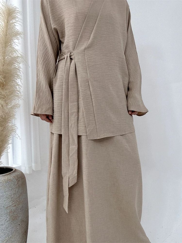 Eid plain 2 peça abaya conjunto topos saia modesto conjuntos muçulmanos abayas para roupas femininas robe caftan marocain femme musulmane kaftan