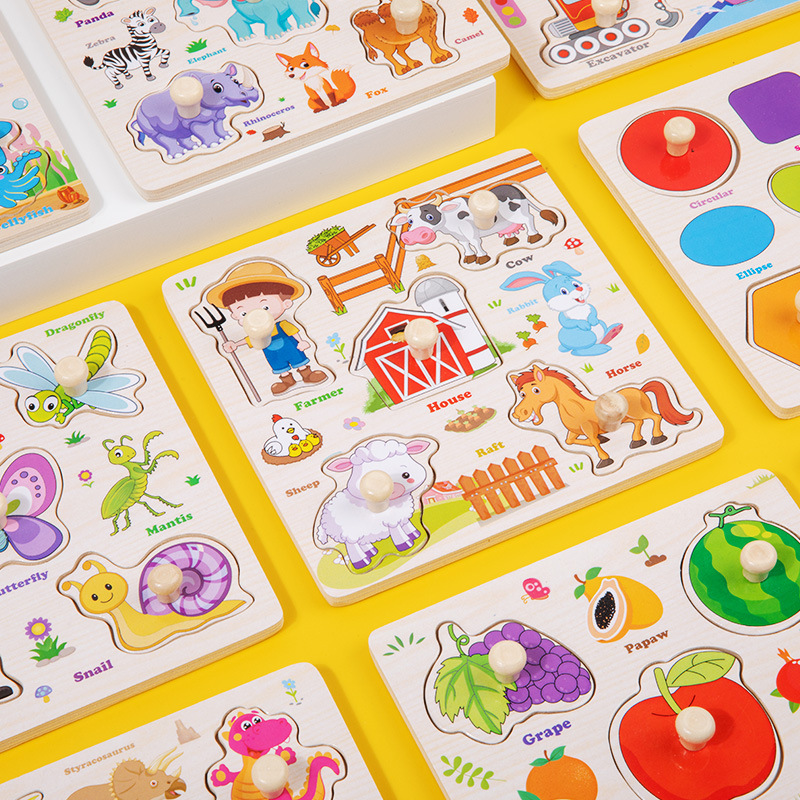 Rompecabezas de madera Montessori para niños, tableros de agarre de mano de tráfico de animales de dibujos animados, juguetes educativos de Aprendizaje Temprano para niños