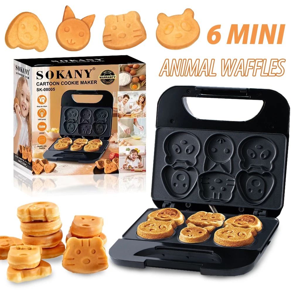 Mini máquina para hacer gofres de animales, 6 panqueques en forma de Animal, máquina de desayuno, gofres antiadherente, hierro para el hogar para niños y adultos, regalo divertido