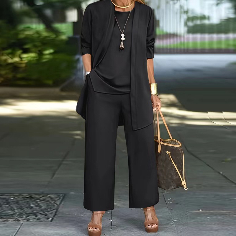 Conjunto informal de tres piezas con chaleco y cuello redondo para mujer, conjunto elegante de pantalones sueltos de Color sólido, moda de otoño e invierno, traje de manga larga