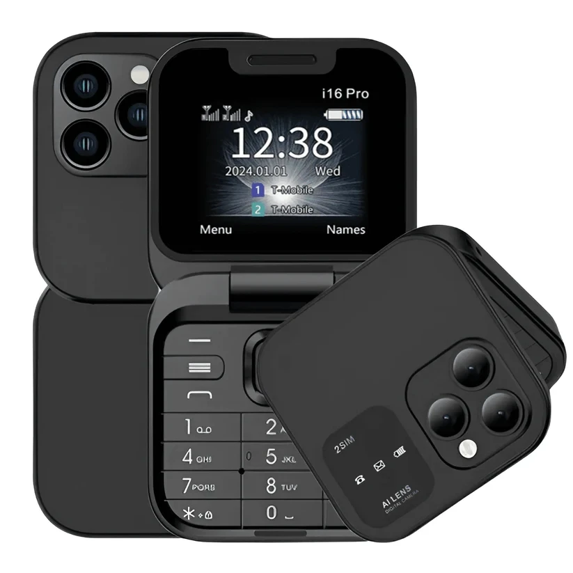 I16 Pro Dual SIM no teléfono inteligente plegable botón pulsador teléfono MP3 linterna de voz mágica marcación de velocidad teléfono móvil de concha para personas mayores