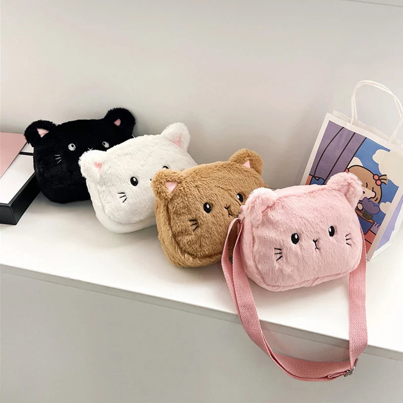 Kot kreskówkowy dziewczynek torby Crossbody śliczne miękkie pluszowe dziecięce torby na ramię moda zimowa dziecięce futrzane torebki portmonetka