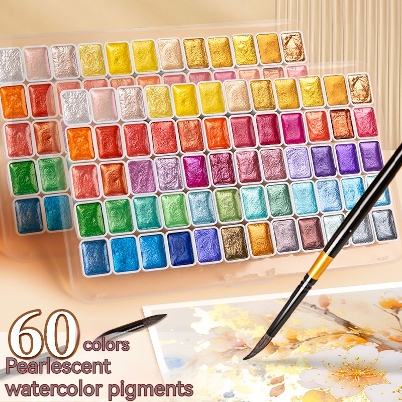 Pearlescent Solid สีน้ําชุด 12/20/24/60 สี Acuarelas Pigment Glitter สีน้ําภาพวาดศิลปินโรงเรียน
