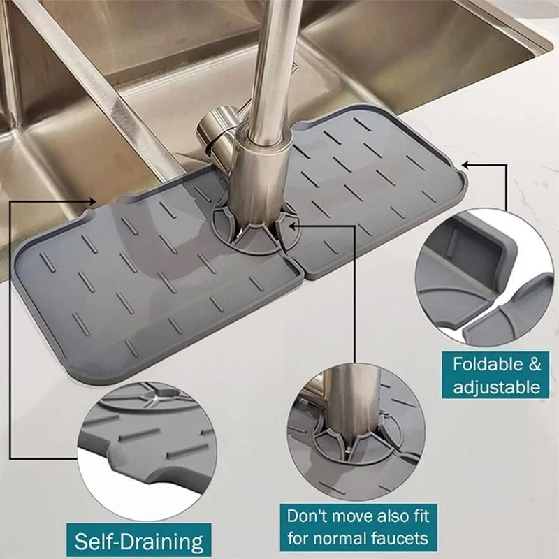 ห้องครัวซิลิโคนก๊อกน้ําแผ่นดูดซับอ่างล้างจาน Splash Catcher Countertop Protector MAT Draining Pad สําหรับห้องน้ํา Gadgets ครัว